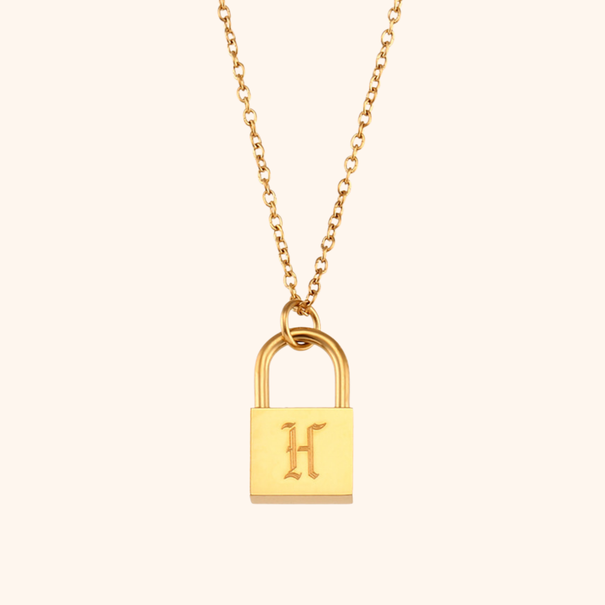 18k gold lock pendant necklace with engraved letter H